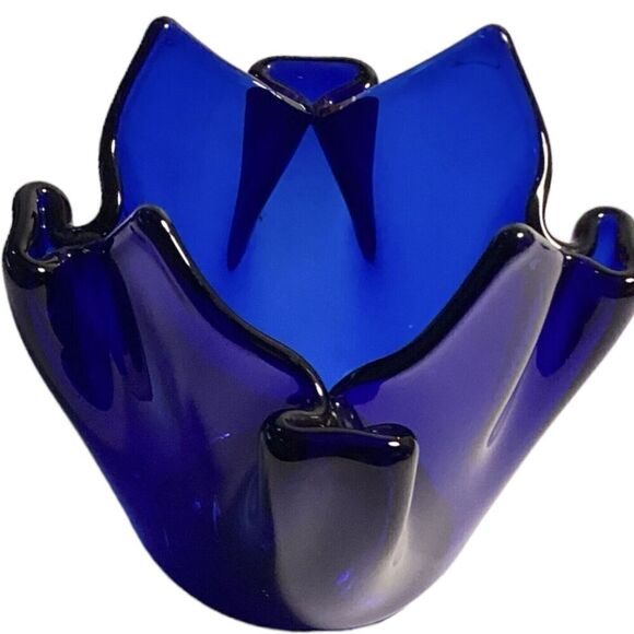 Partylite Sapphire Candle Holder Cobalt Blue Handkerchief Glass Tealight Votive - Picture 5 of 5
